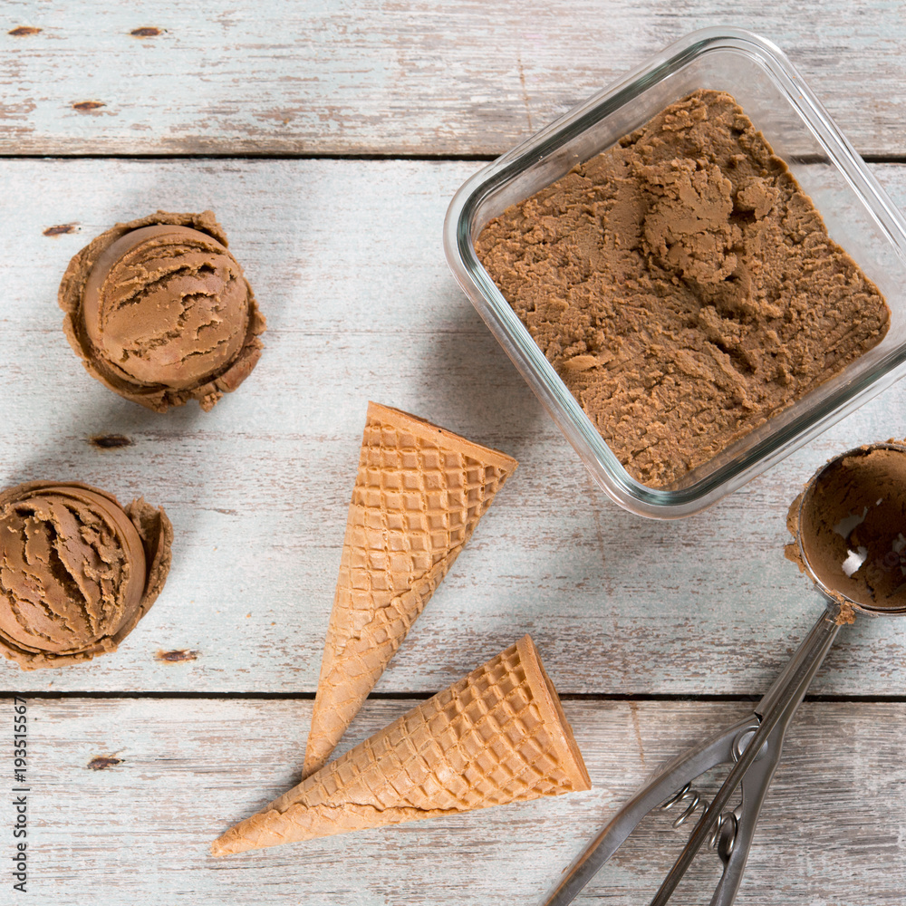 Top view cocoa ice cream scoops Top view cocoa ice cream scoops