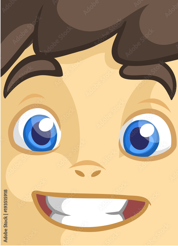 Happy cartoon boy face. Vector illustration of a little kid face avatar. Portrait of a boy smiling 
