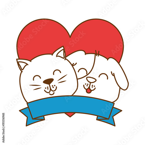 cute dog and cat with ribbon vector illustration design