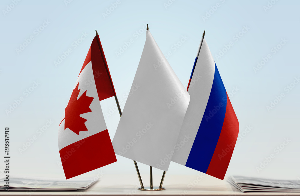 Flags of Canada and Russia with a white flag in the middle