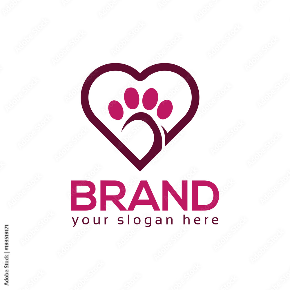 Dog paws with heart icon. Logo Vector