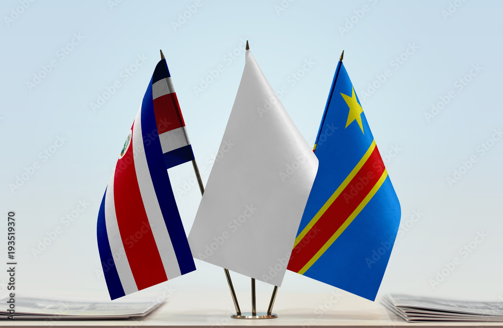 Flags of Costa Rica and Democratic Republic of the Congo (DRC, DROC, Congo-Kinshasa) with a white flag in the middle