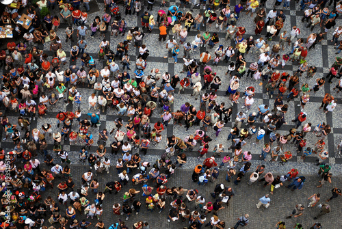 Aerial photograph of people gathered in a square