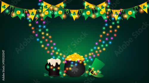 Saint Patrick's Day background contains rainbow fairy lights tie up around a pot of gold coin, top hanging bunting and holding string lights ,beer and green top hat be side a black pot over shamrock