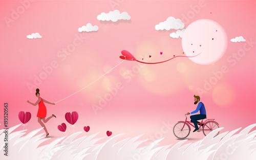 Red heart flower on pink background with sweet couple on honeymoon vacation summer holidays romance. Love concept. Happy Valentine's Day wallpaper, poster, card. Vector illustration