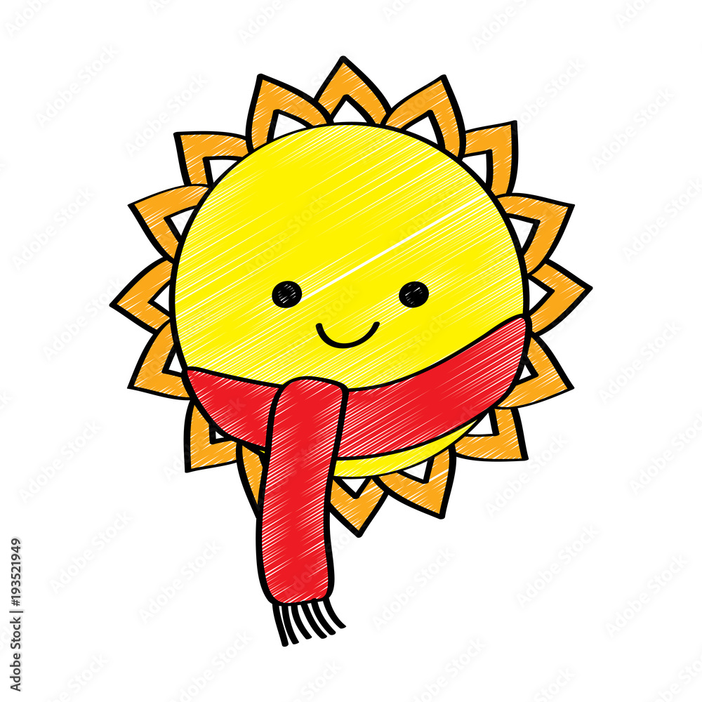 cute smiling sun cartoon character with scarf vector illustration