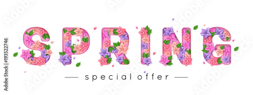 Spring letters decorated with bright paper flowers and leaves for online shopping, sale banner, announcement. Vector illustration