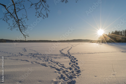 Footprints and tracks on snow at frozen lake