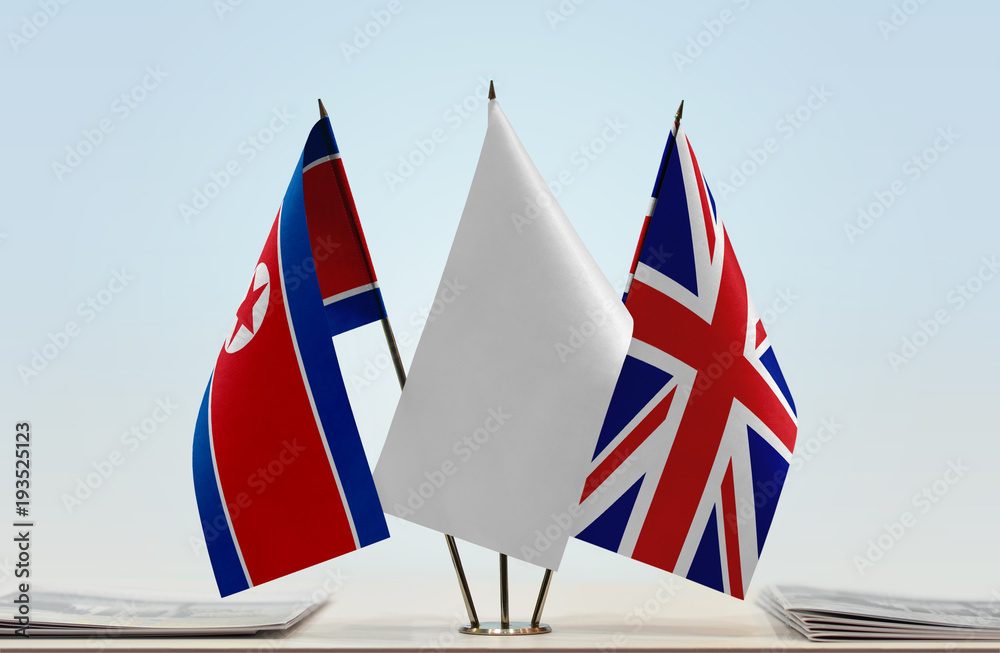 Flags of North Korea and United Kingdom with a white flag in the middle
