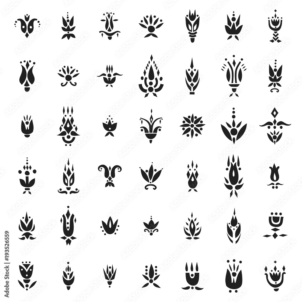 Vector set of decorative black flowers in ethnic style.