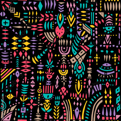 Seamless vector pattern of geometric shapes and stylized flowers. Colorful on black.