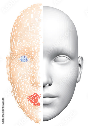 Two persons in one person divided into two halves. Creative nature and ordinary. A polygonal face flying to pieces. 3D.