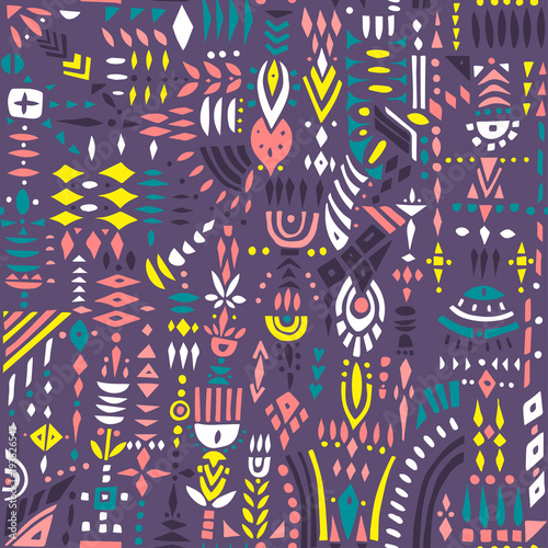 Seamless vector pattern of geometric shapes and stylized flowers. Colorful on purple.