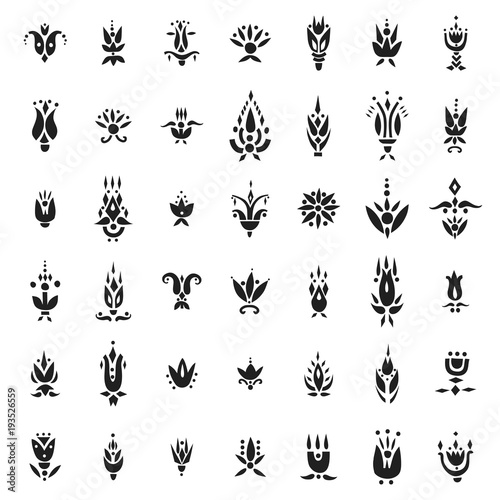 Vector set of decorative black flowers in ethnic style.