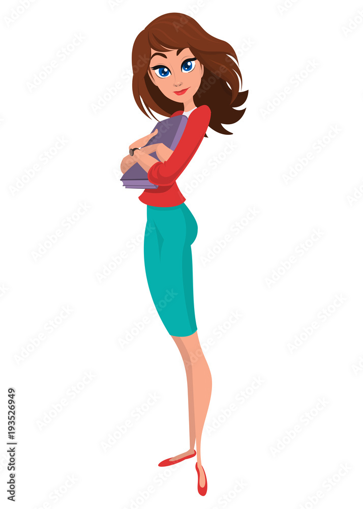 Fototapeta premium Cartoon student girl. Vector illustration of woman in blue casual dress and yellow shirt. 
