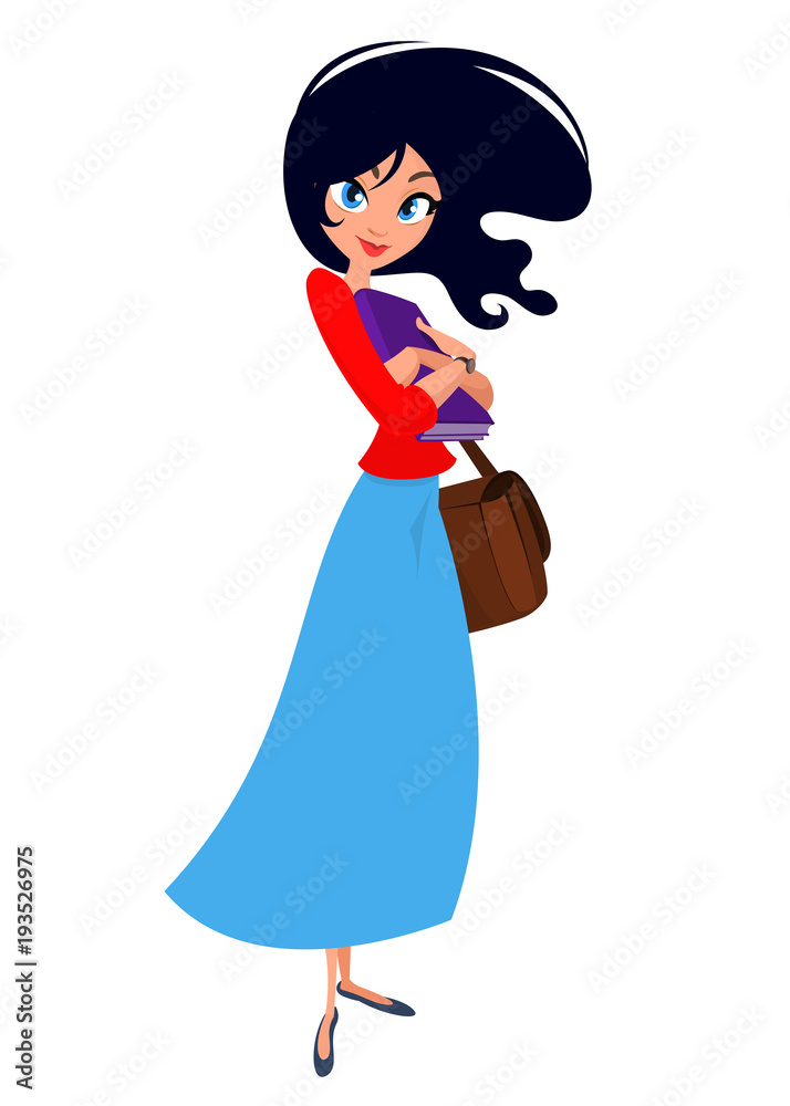 Cartoon young girl. Vector illustration of woman in blue casual dress and yellow shirt. Cartoon young girl. Vector illustration of woman in blue casual dress and yellow shirt.
