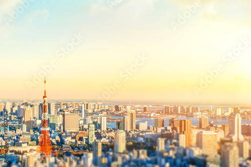 Asia Business concept for real estate and corporate construction - panoramic modern city skyline bird eye aerial view of tokyo tower in Roppongi Hill, Tokyo, Japan. Miniature Tilt-shift effect