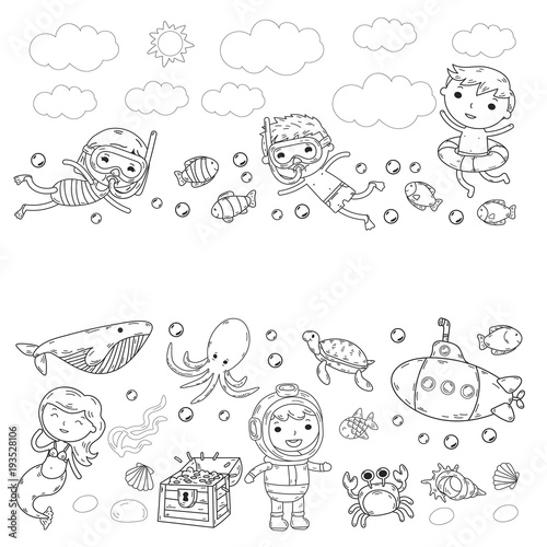 Underwater. Kids waterpark. Sea and ocean adventure. Summertime. Kids drawing. Doodle image. Cartoon creatures with children. Boys and girls swimming