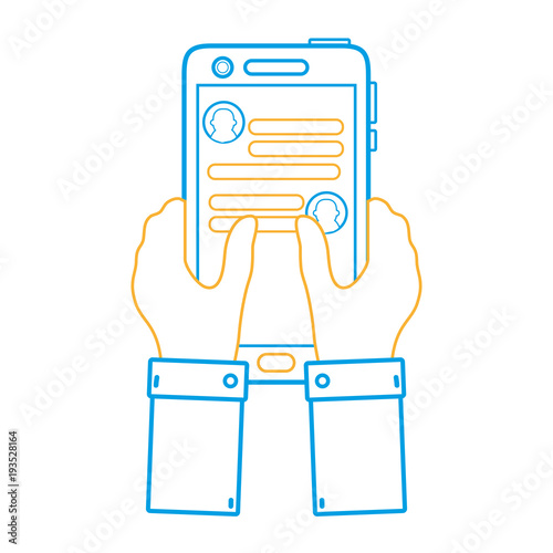 color line hands with smartphone and whatsapp chat message