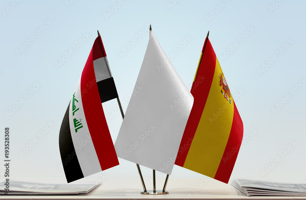 Flags of Iraq and Spain with a white flag in the middle