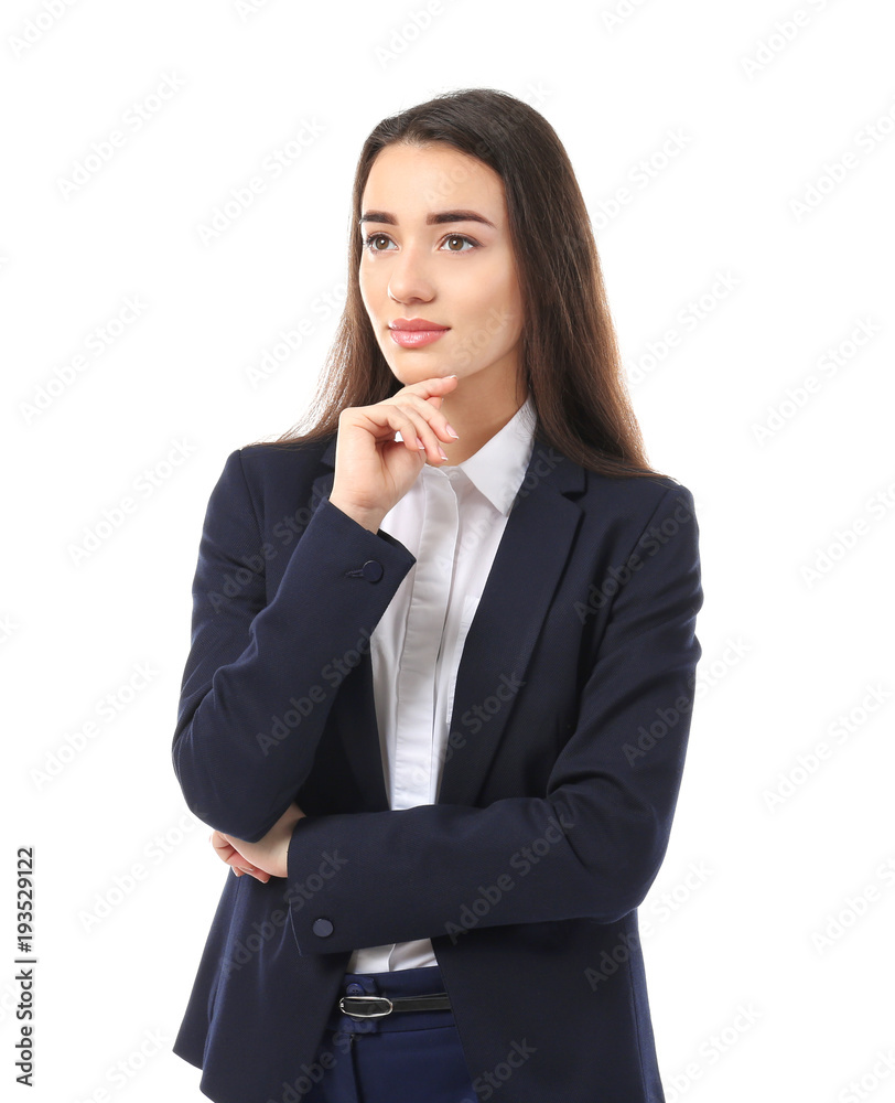 Beautiful young woman in elegant suit on white background Beautiful young woman in elegant suit on white background