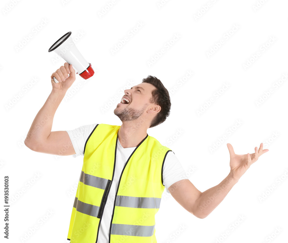 Worker with megaphone on white background Worker with megaphone on white background