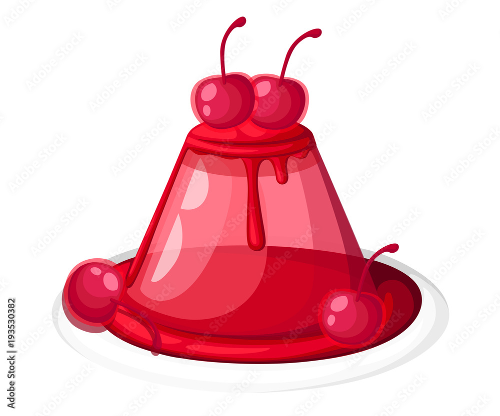 Cute red transparent cherry jelly on a plate fruit gelatin dessert decorated cherry vector illustration isolated on white background web site page and mobile app design Cute red transparent cherry jelly on a plate fruit gelatin dessert decorated cherry vector illustration isolated on white background web site page and mobile app design