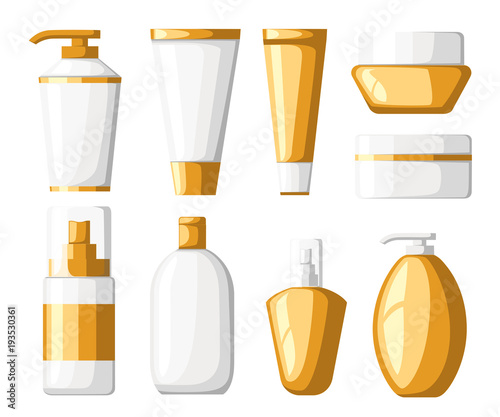 Set of cosmetics contaniers tubes and bottles white and golden plastic containers bottles with spray vector illustration isolated on white background web site page and mobile app design