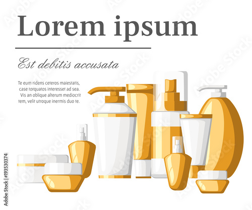 Set of cosmetics contaniers tubes and bottles white and golden plastic containers bottles with spray vector illustration with place for your text isolated on white background