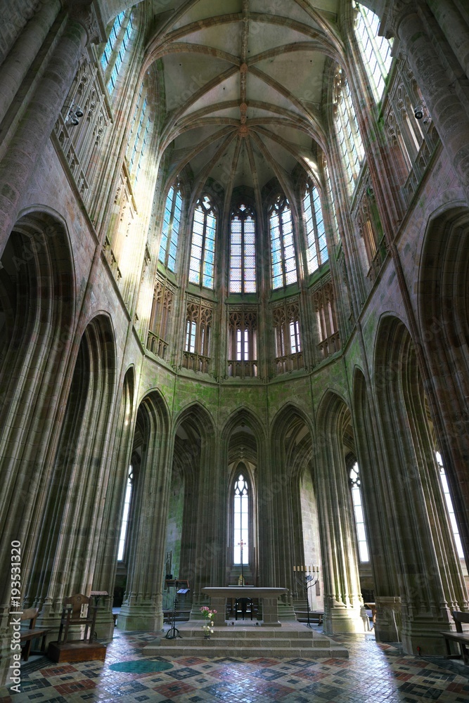 Normandy, France-January 26, 2018: Interior of the church-abbey of Mont-Saint-Michel