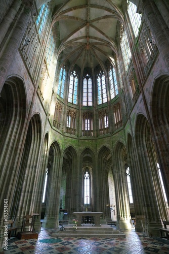 Normandy, France-January 26, 2018: Interior of the church-abbey of Mont-Saint-Michel
