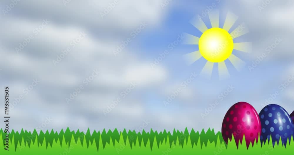Bright Easter eggs on green grass under yellow sun. Objects moving from right to left. Cartoon intro for holiday with place for text. 4k video with alpha channel.