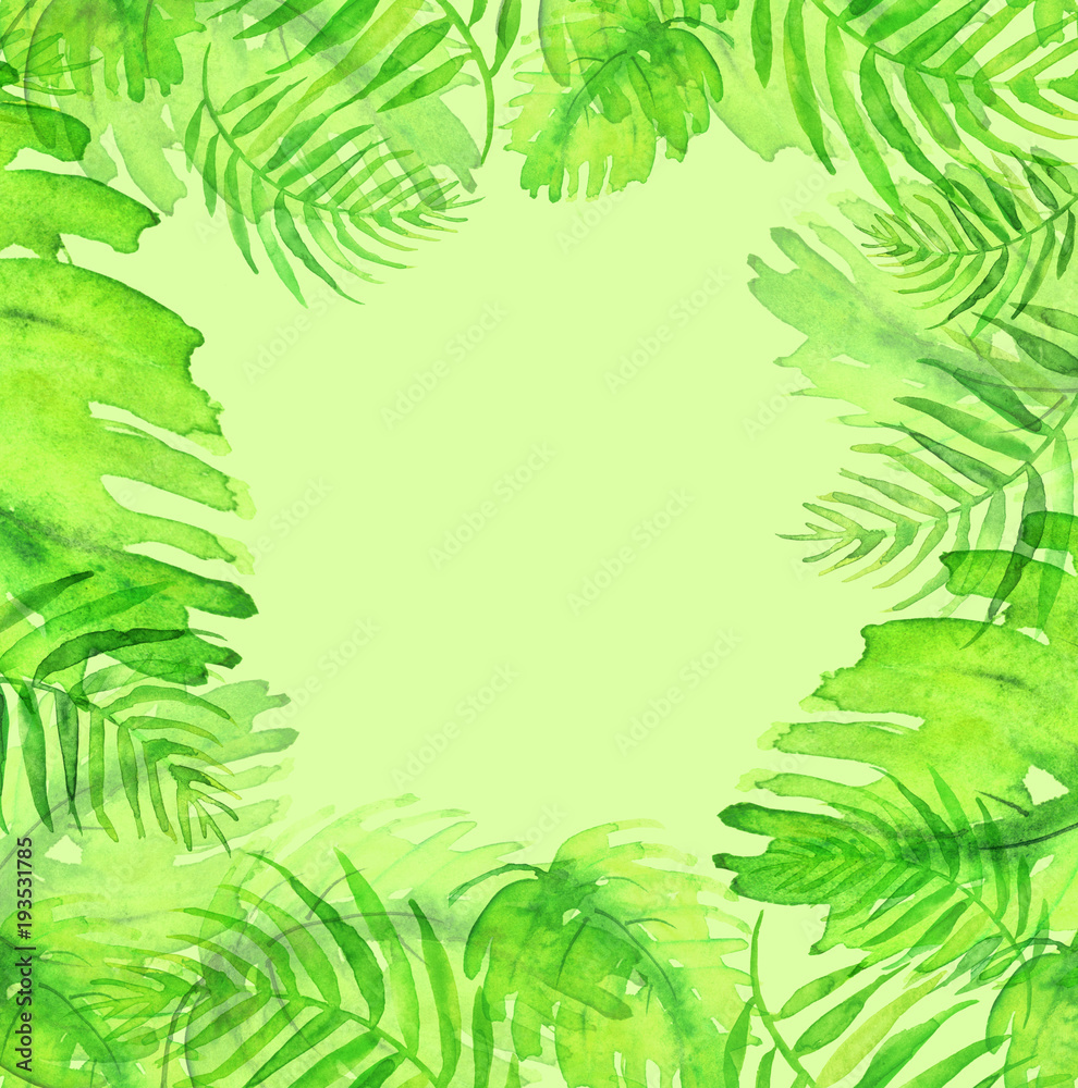 Watercolor frame tropical leaves and branches isolated. Palm leaf background, postcard. Green tropical palm leaf. Illustration for design wedding invitations, greeting cards, postcards . Watercolor frame tropical leaves and branches isolated. Palm leaf background, postcard. Green tropical palm leaf. Illustration for design wedding invitations, greeting cards, postcards .