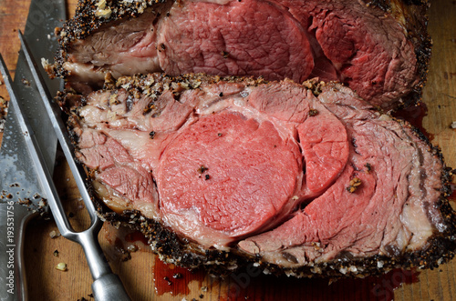 Close up of rib eye steak with vegetables