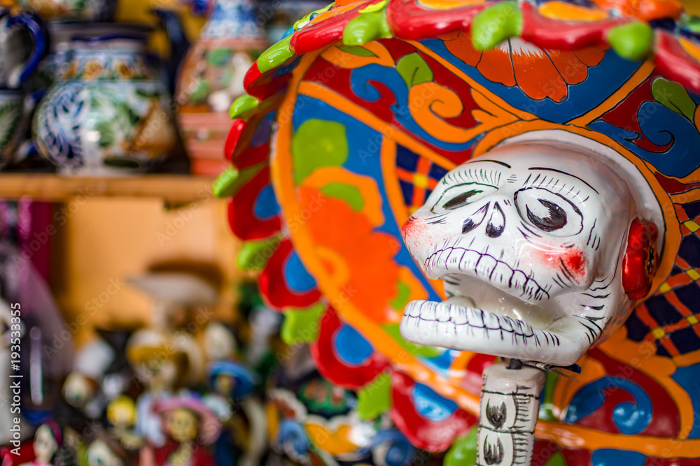 Mexican colorful skull carved in talavera