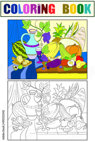Vegetables and fruits harvest style vector illustration. Thanksgiving Day still life. Old engraving imitation.