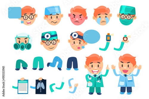Male doctor animated character set, various face emotions, poses and gestures, parts of body and medical equipment vector Illustrations on a white background