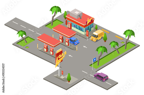 Gas station isometric 3D vector illustration for construction design. Isometric cars on petrol station filling fuel, parking lots and cashier window of shop or mini market booth