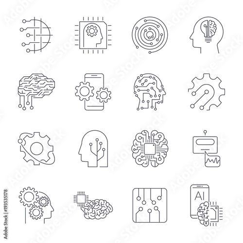 Set of thin icons related to artificial intelligence and data science mono line. Editable Stroke.