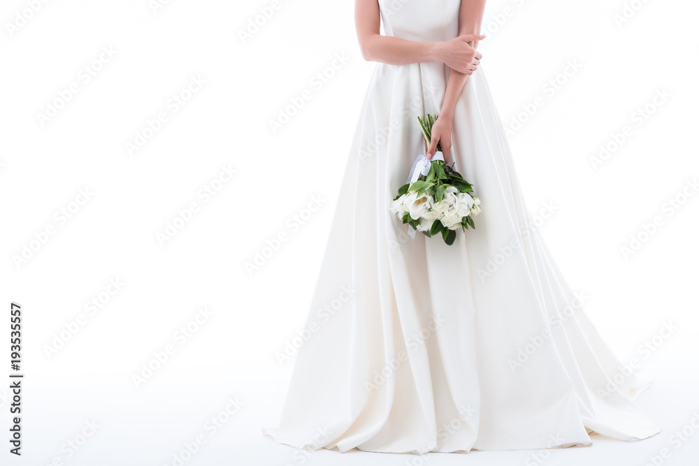 cropped view of elegant girl in wedding dress with bouquet, isolated on white cropped view of elegant girl in wedding dress with bouquet, isolated on white