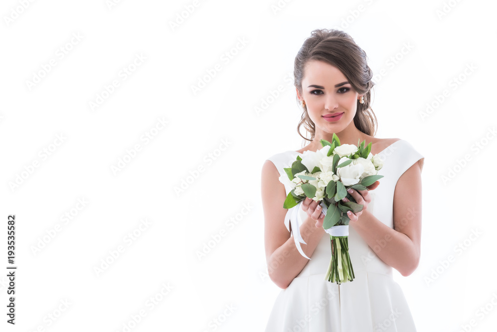 brunette bride posing with wedding bouquet, isolated on white brunette bride posing with wedding bouquet, isolated on white