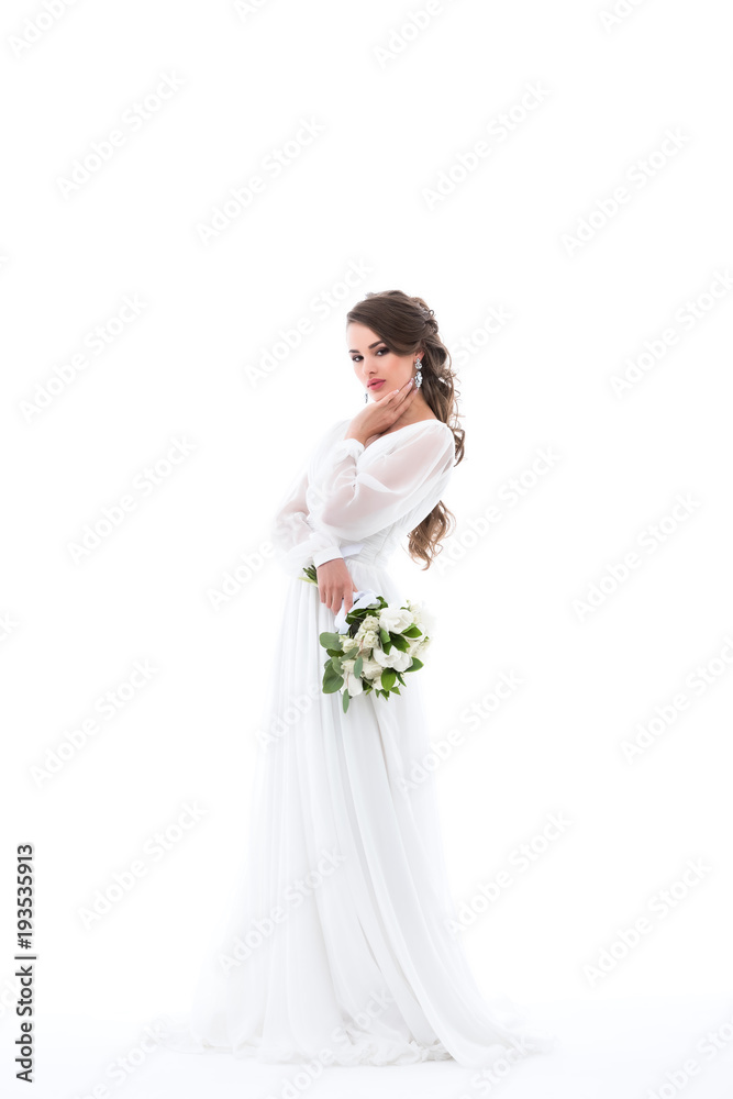 elegant bride posing in white dress with wedding bouquet, isolated on white elegant bride posing in white dress with wedding bouquet, isolated on white