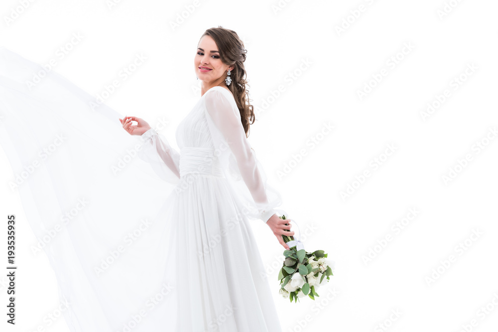 happy beautiful bride posing in white dress with wedding bouquet, isolated on white happy beautiful bride posing in white dress with wedding bouquet, isolated on white