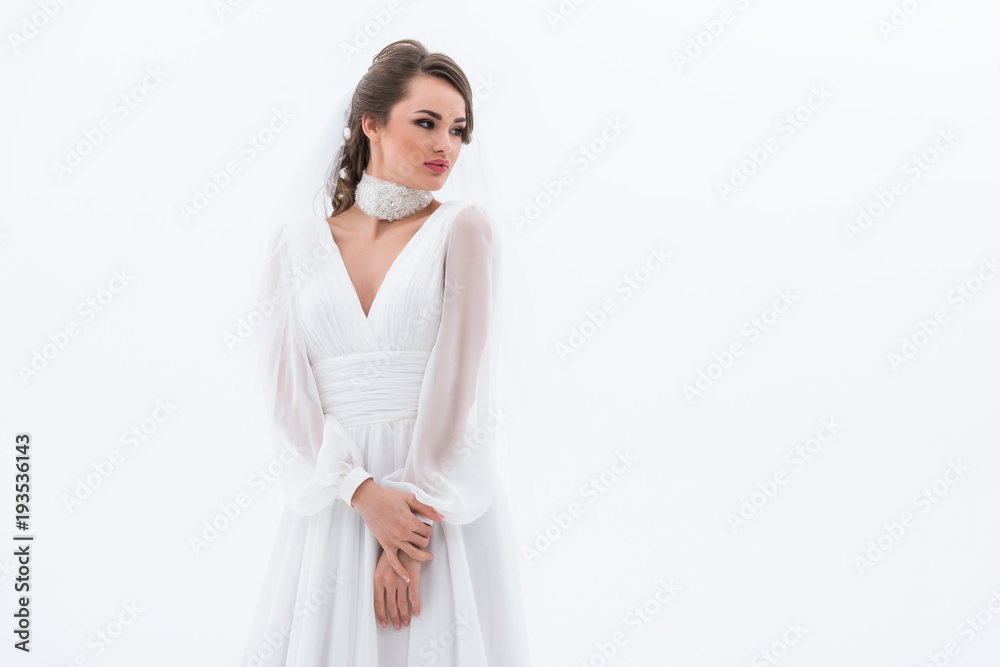 elegant brunette bride posing in traditional wedding dress, isolated on white elegant brunette bride posing in traditional wedding dress, isolated on white
