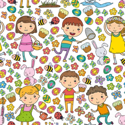 Obraz Wiosna. Święta Wielkanocne. Ogródek Dzieci bawią się. Ciasto wielkanocne, króliczek, królik. Chłopców i dziewcząt. Wiosenne wakacje w przedszkolu lub szkole. Motyl, pszczoła i kwiaty. Wektor zbiory obrazu