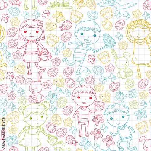 Obraz Wiosna. Święta Wielkanocne. Ogródek Dzieci bawią się. Ciasto wielkanocne, króliczek, królik. Chłopców i dziewcząt. Wiosenne wakacje w przedszkolu lub szkole. Motyl, pszczoła i kwiaty. Wektor zbiory obrazu