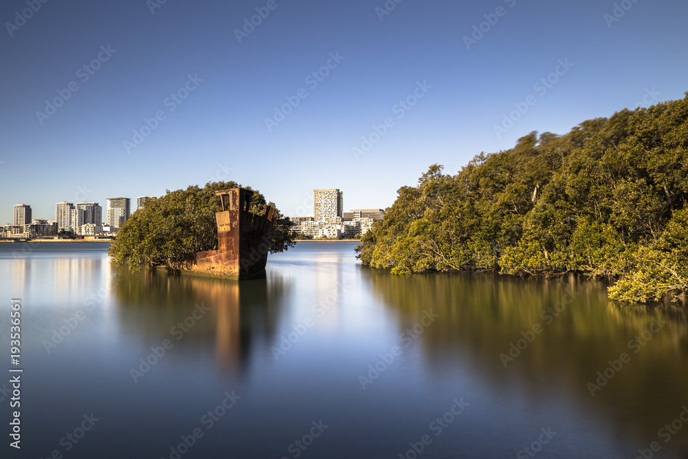 SS Ayrfield Shipwreck on Parramatta River in long exposure