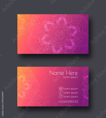 Creative template for designer, photographer or studio. Vector editable pattern with front and back side visit cards. Busines card vith mandala arabesque design doodle and brightful colorful warm