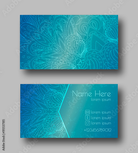 Creative template for designer, photographer or studio. Vector editable pattern with front and back side visit cards. Busines card vith mandala arabesque design doodle and brightful colorful warm
