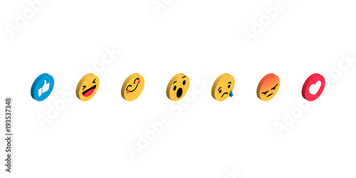 Emoji set emoticon reactions. Vector 3D flat design isometric icons heart angry or smile face and like button
